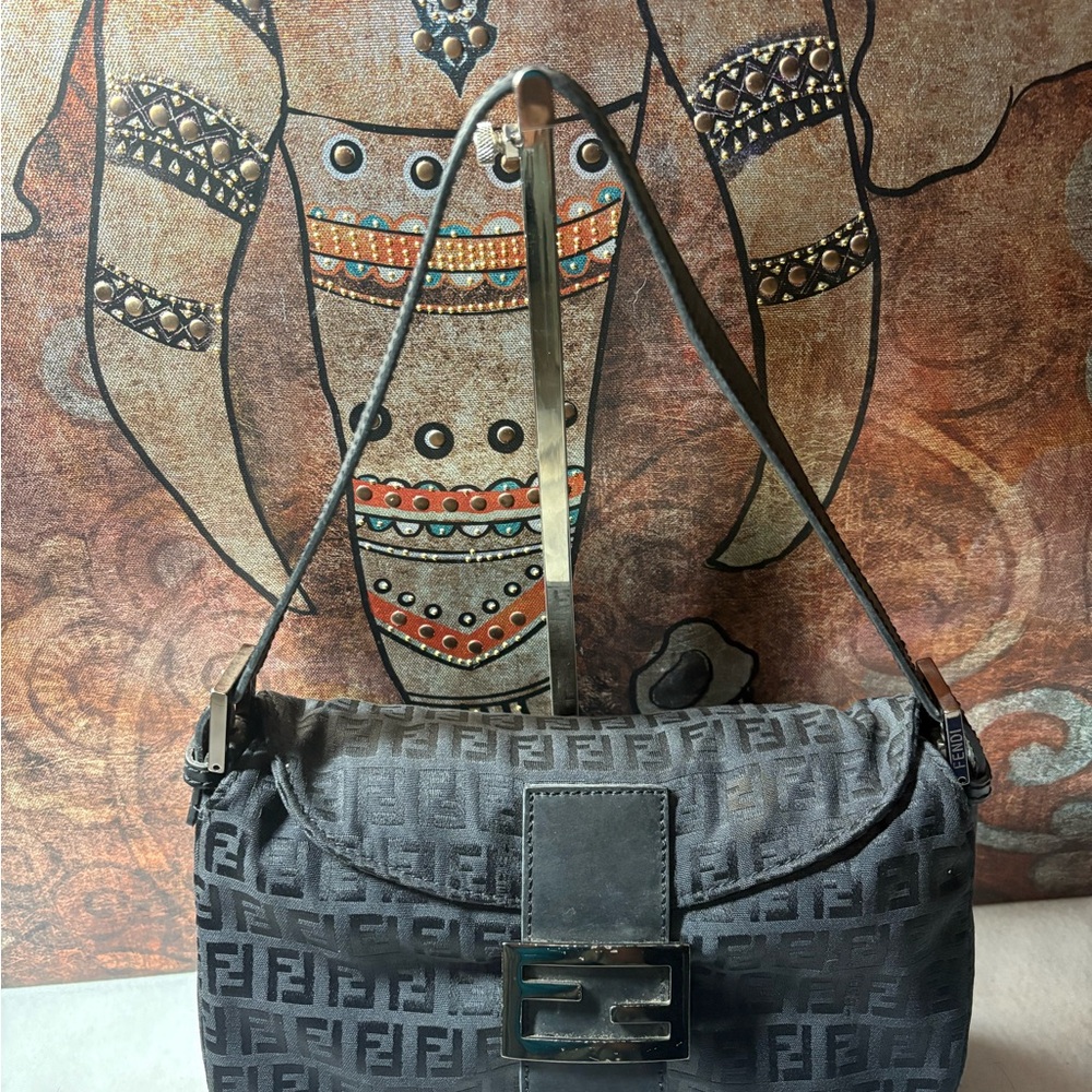 Authentic Fendi Black Zucchino Canvas Mini Mama Shoulder Bag